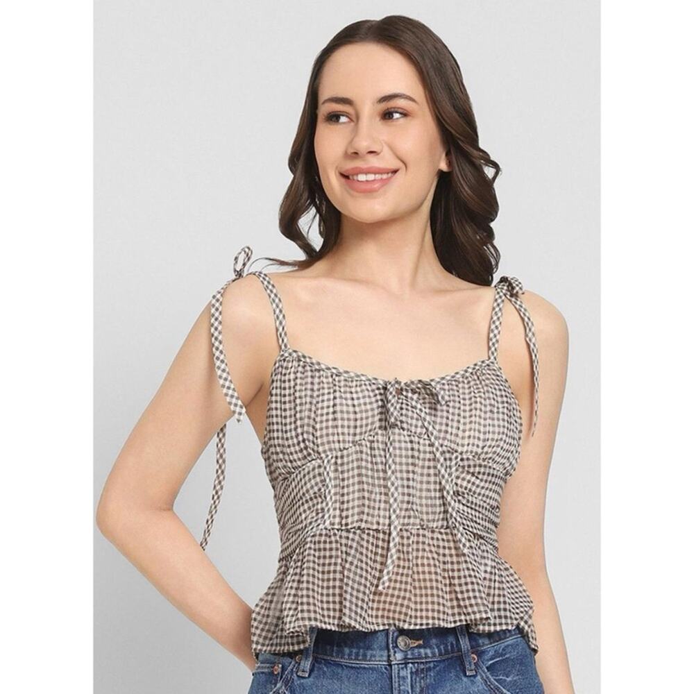 NWT American Eagle Brown White Plaid Should Tie Chiffon Babydoll Top Large - Picture 12 of 12